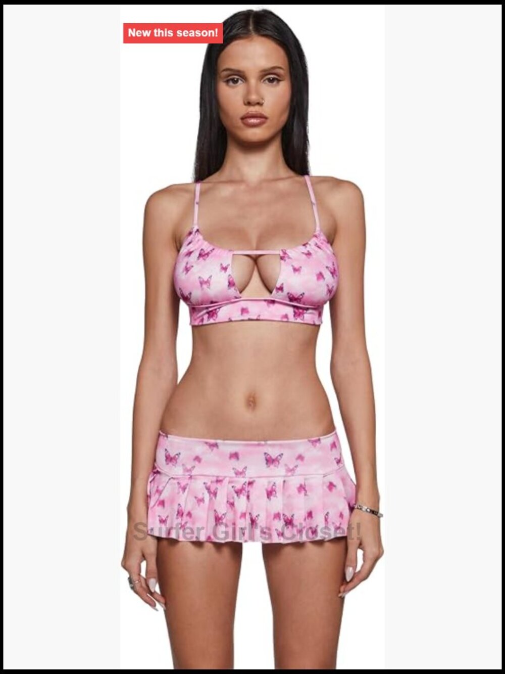 Butterfly Print Lace-Up Back Bikini Set with Skirted Bottom